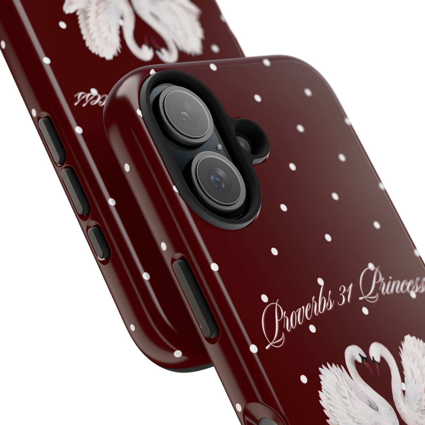 Proverbs 31 Princess Swan Tough Phone Case — Burgundy Polka Dot Protective Cover