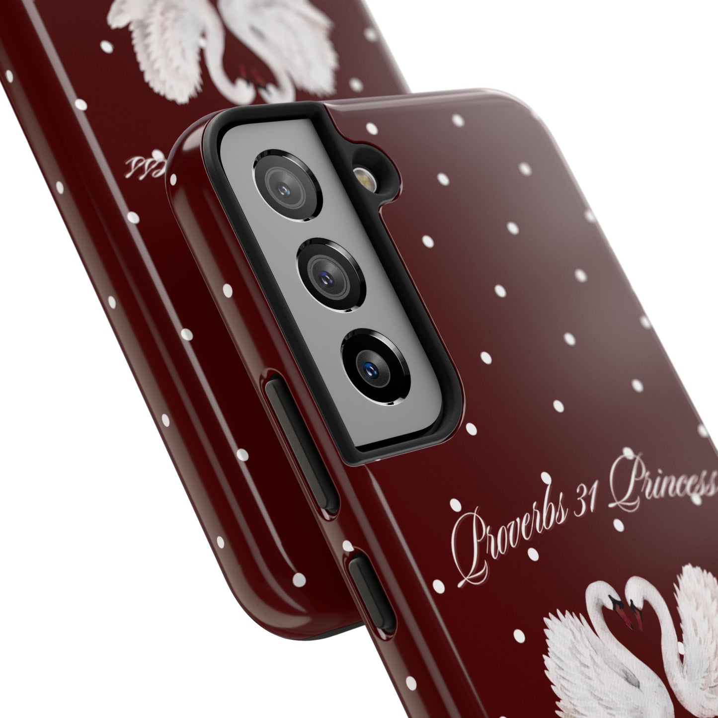 Proverbs 31 Princess Swan Tough Phone Case — Burgundy Polka Dot Protective Cover