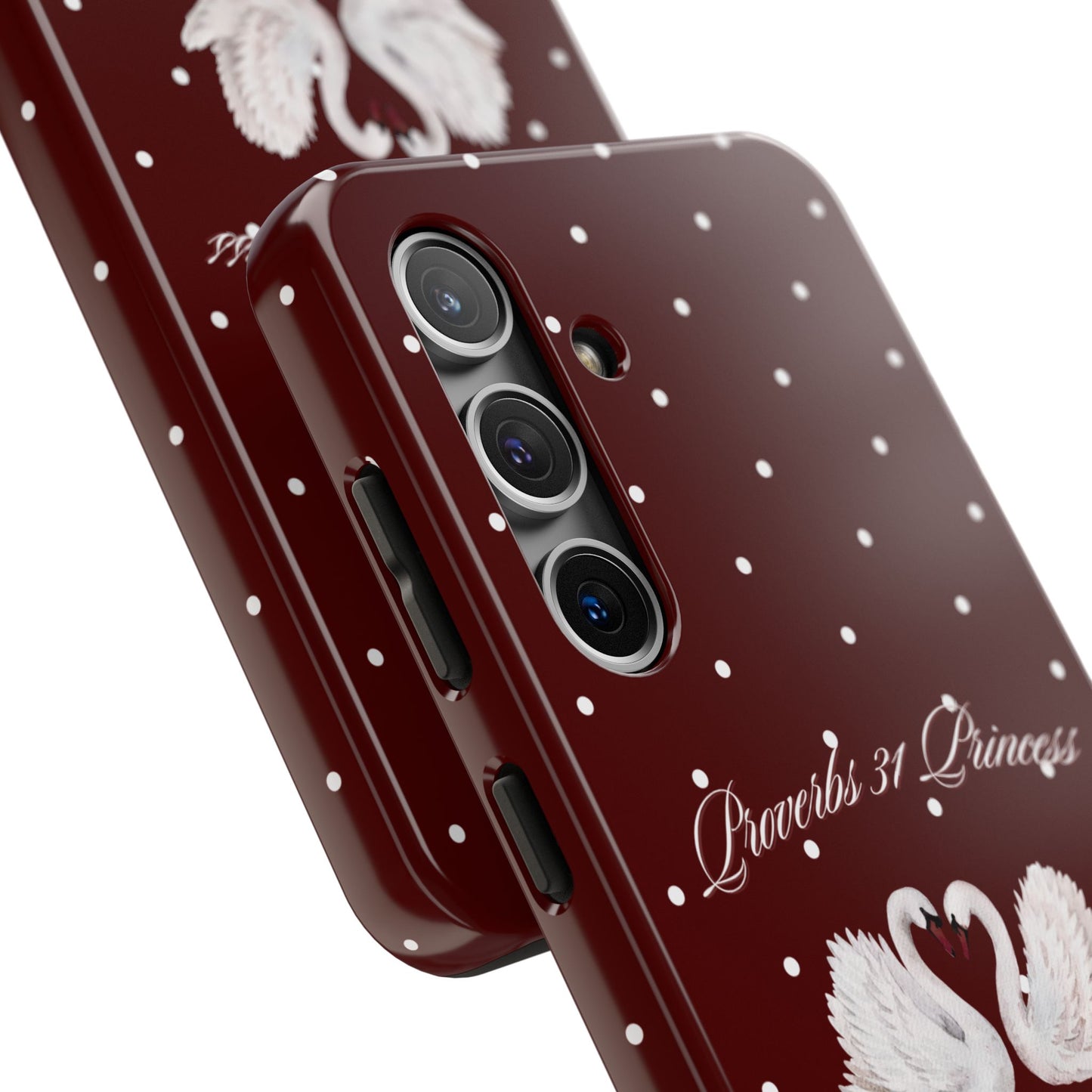 Proverbs 31 Princess Swan Tough Phone Case — Burgundy Polka Dot Protective Cover