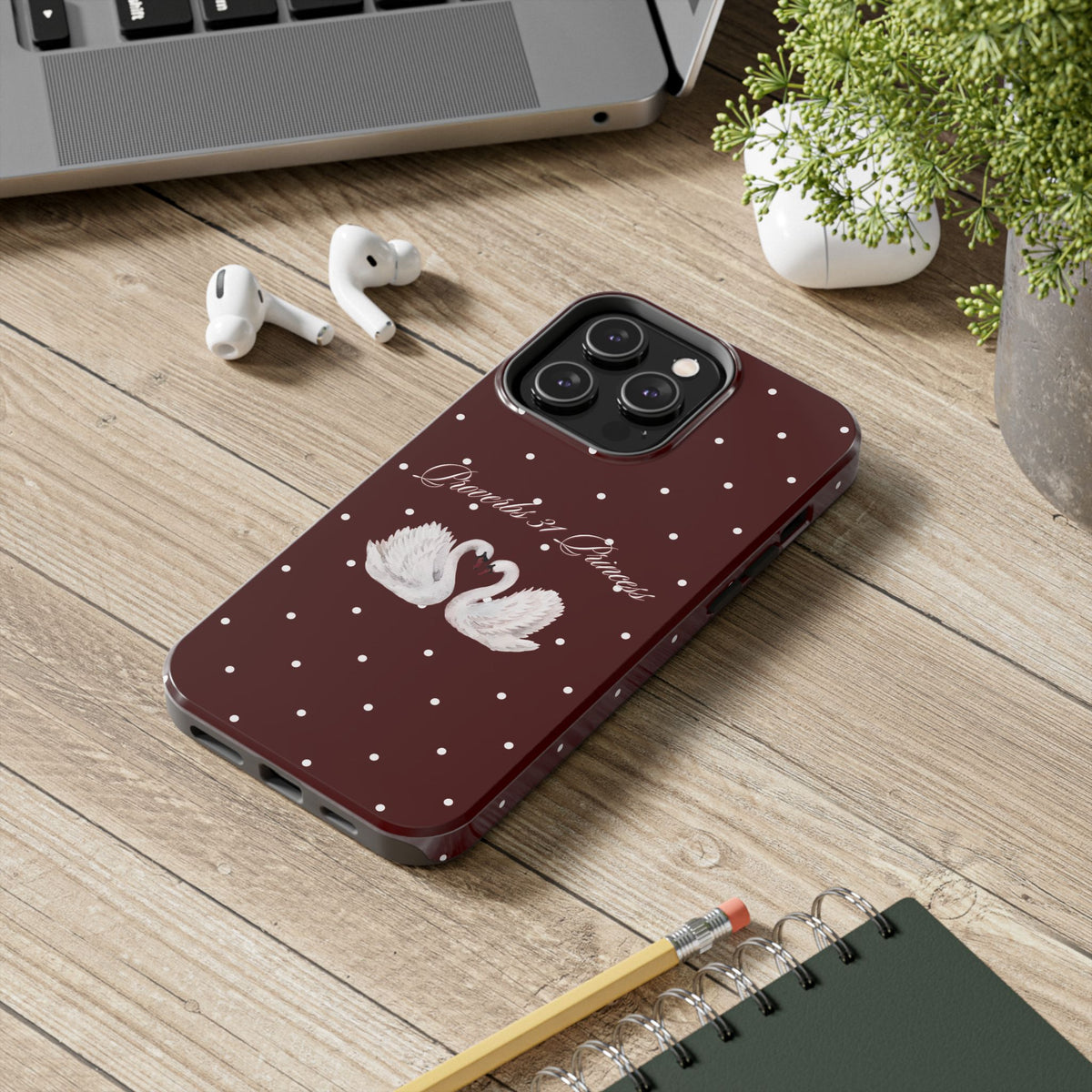 Proverbs 31 Princess Swan Tough Phone Case — Burgundy Polka Dot Protective Cover