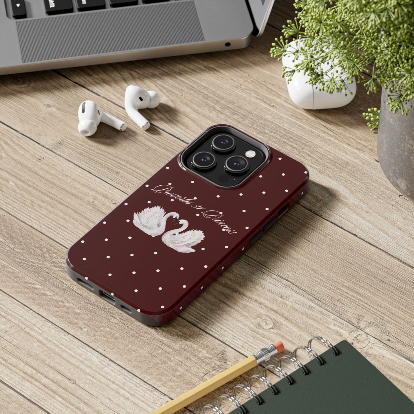 Proverbs 31 Princess Swan Tough Phone Case — Burgundy Polka Dot Protective Cover