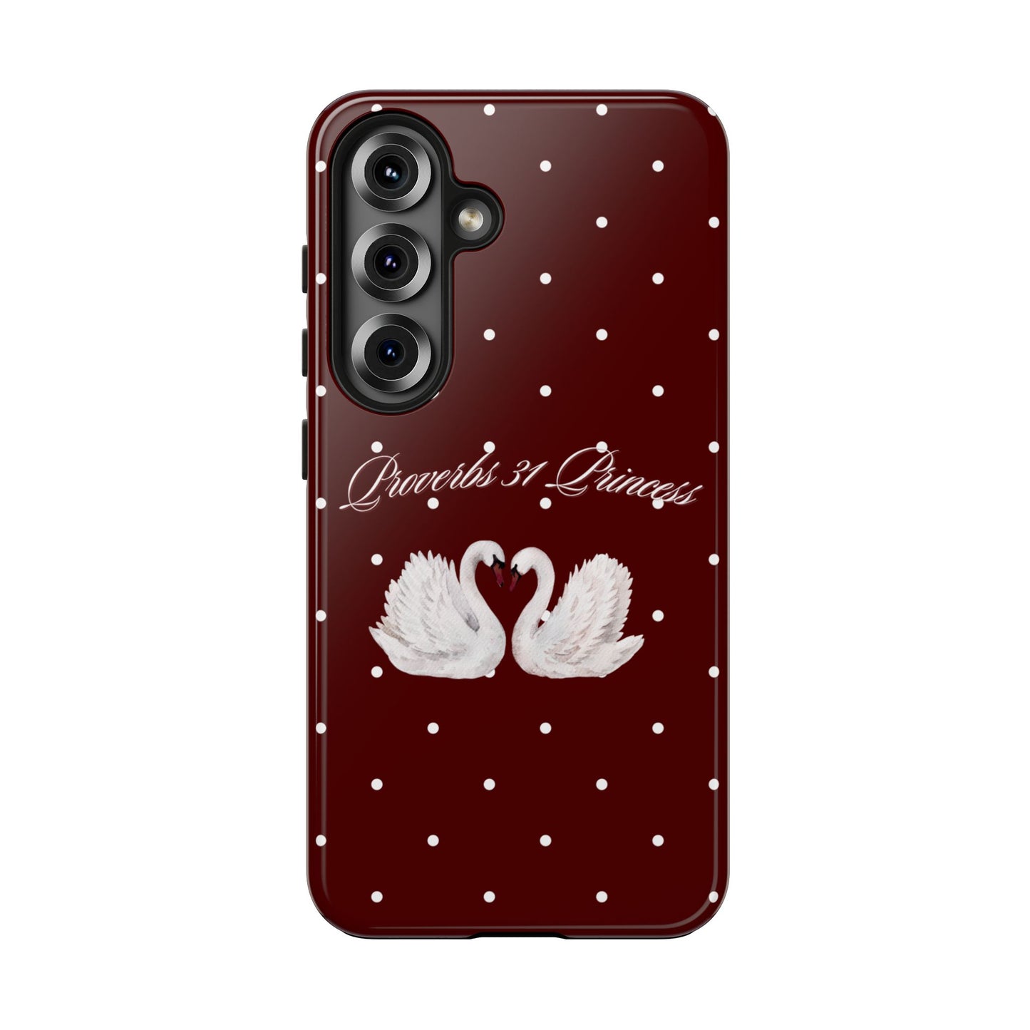 Proverbs 31 Princess Swan Tough Phone Case — Burgundy Polka Dot Protective Cover