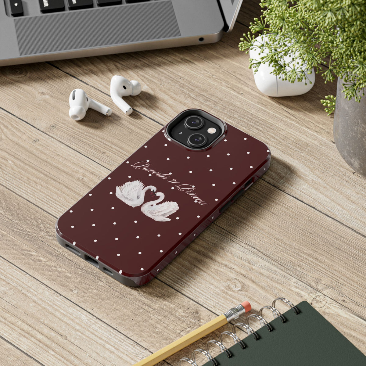 Proverbs 31 Princess Swan Tough Phone Case — Burgundy Polka Dot Protective Cover