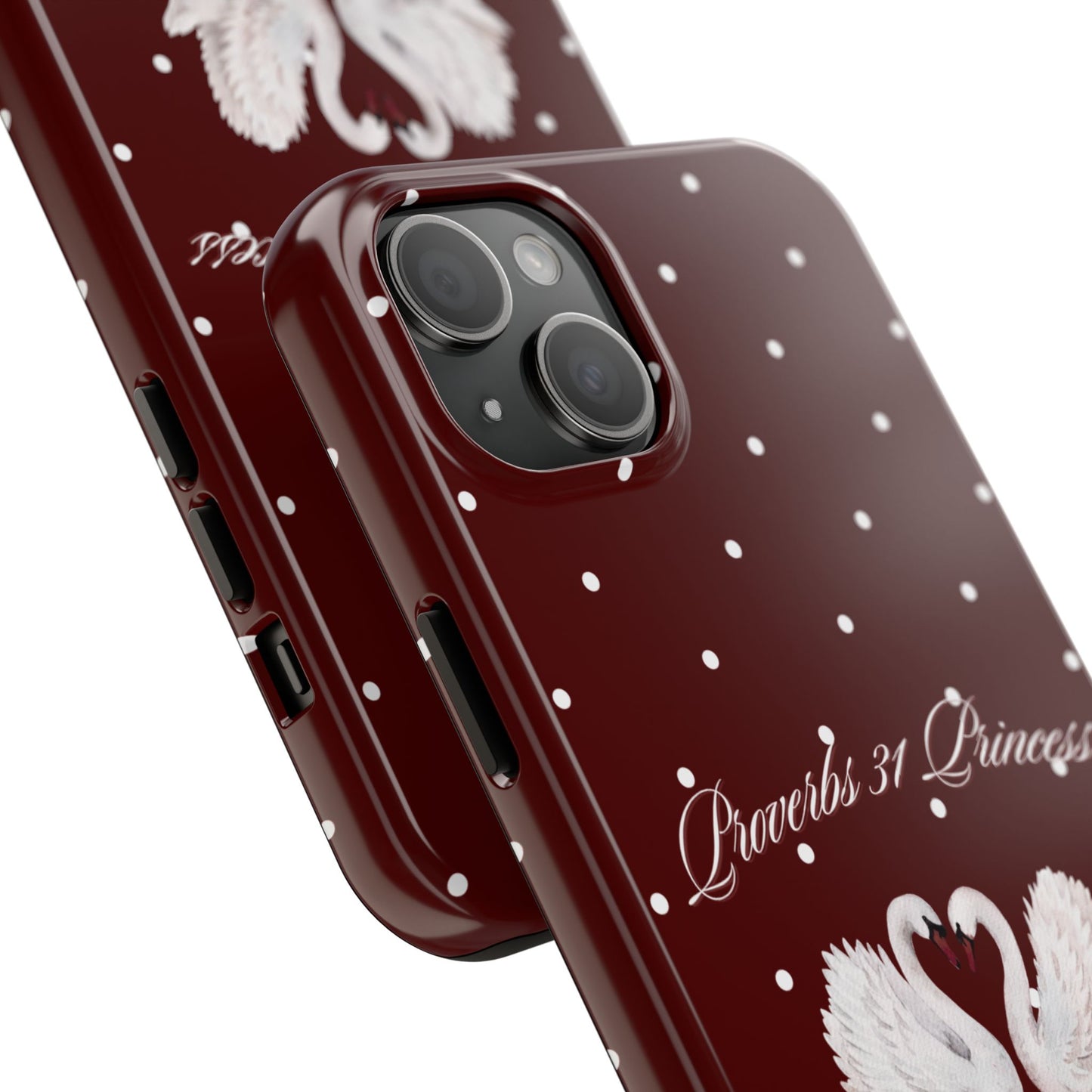 Proverbs 31 Princess Swan Tough Phone Case — Burgundy Polka Dot Protective Cover