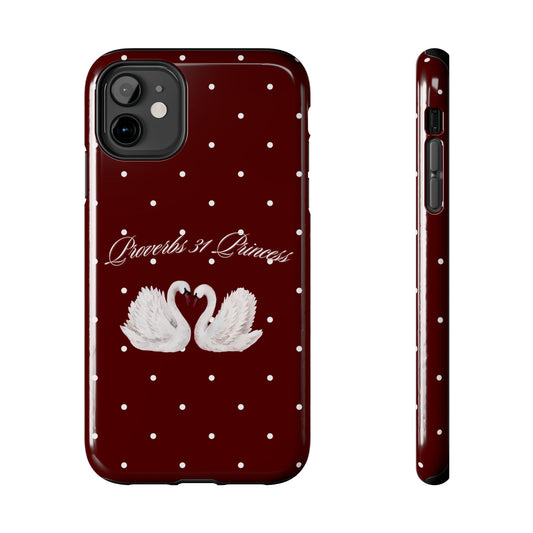 Proverbs 31 Princess Swan Tough Phone Case — Burgundy Polka Dot Protective Cover