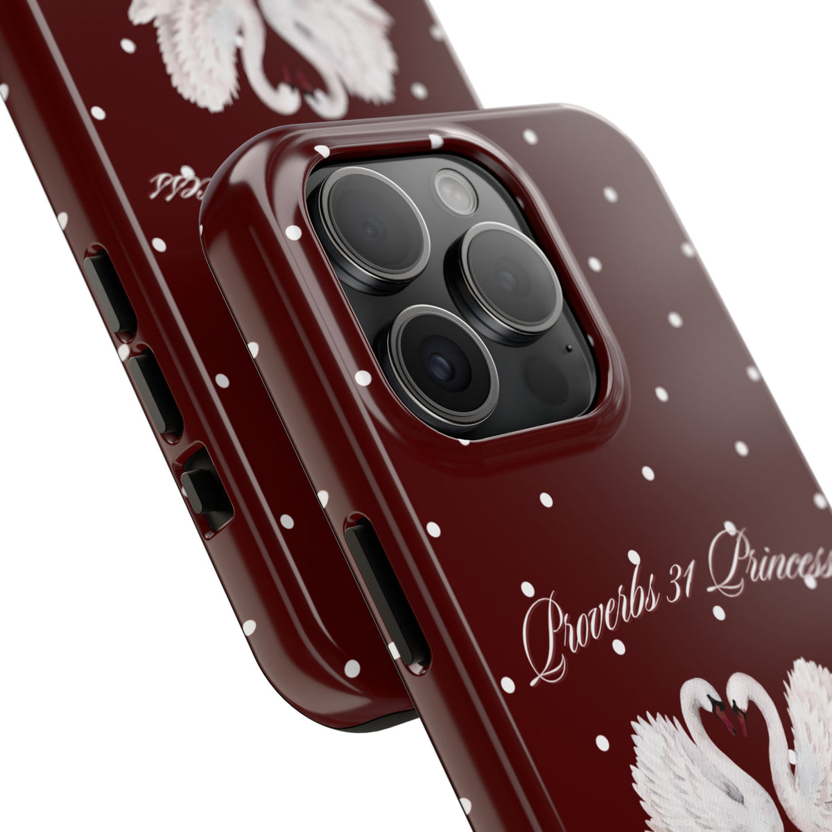 Proverbs 31 Princess Swan Tough Phone Case — Burgundy Polka Dot Protective Cover