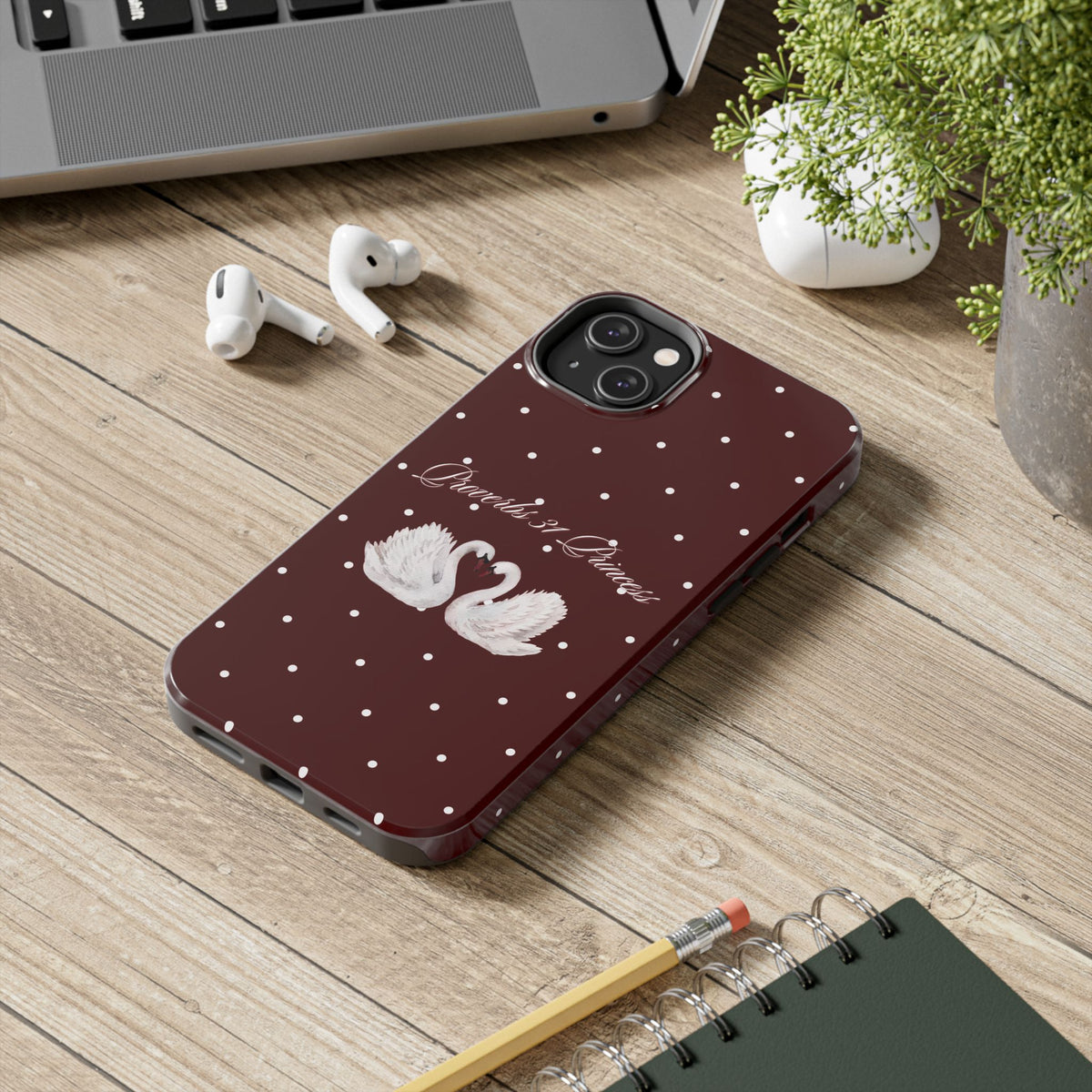 Proverbs 31 Princess Swan Tough Phone Case — Burgundy Polka Dot Protective Cover