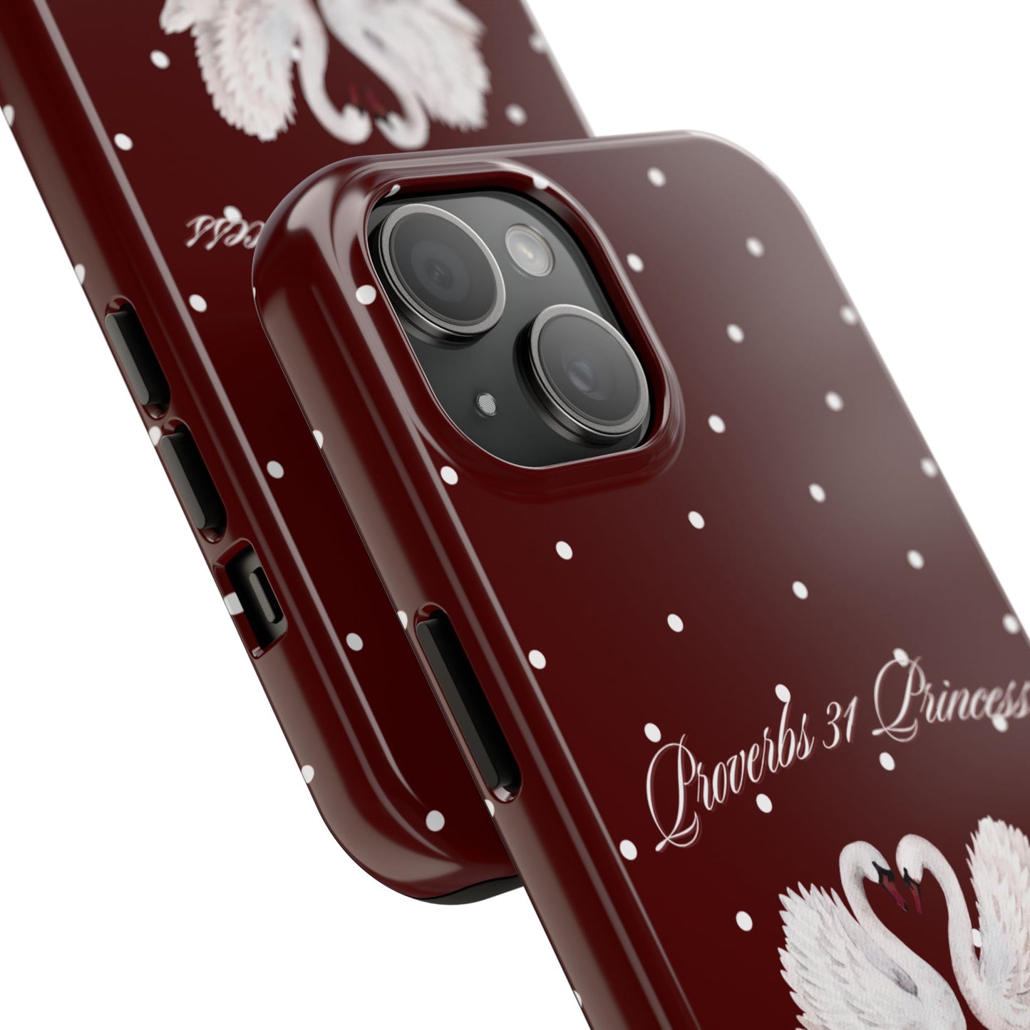 Proverbs 31 Princess Swan Tough Phone Case — Burgundy Polka Dot Protective Cover