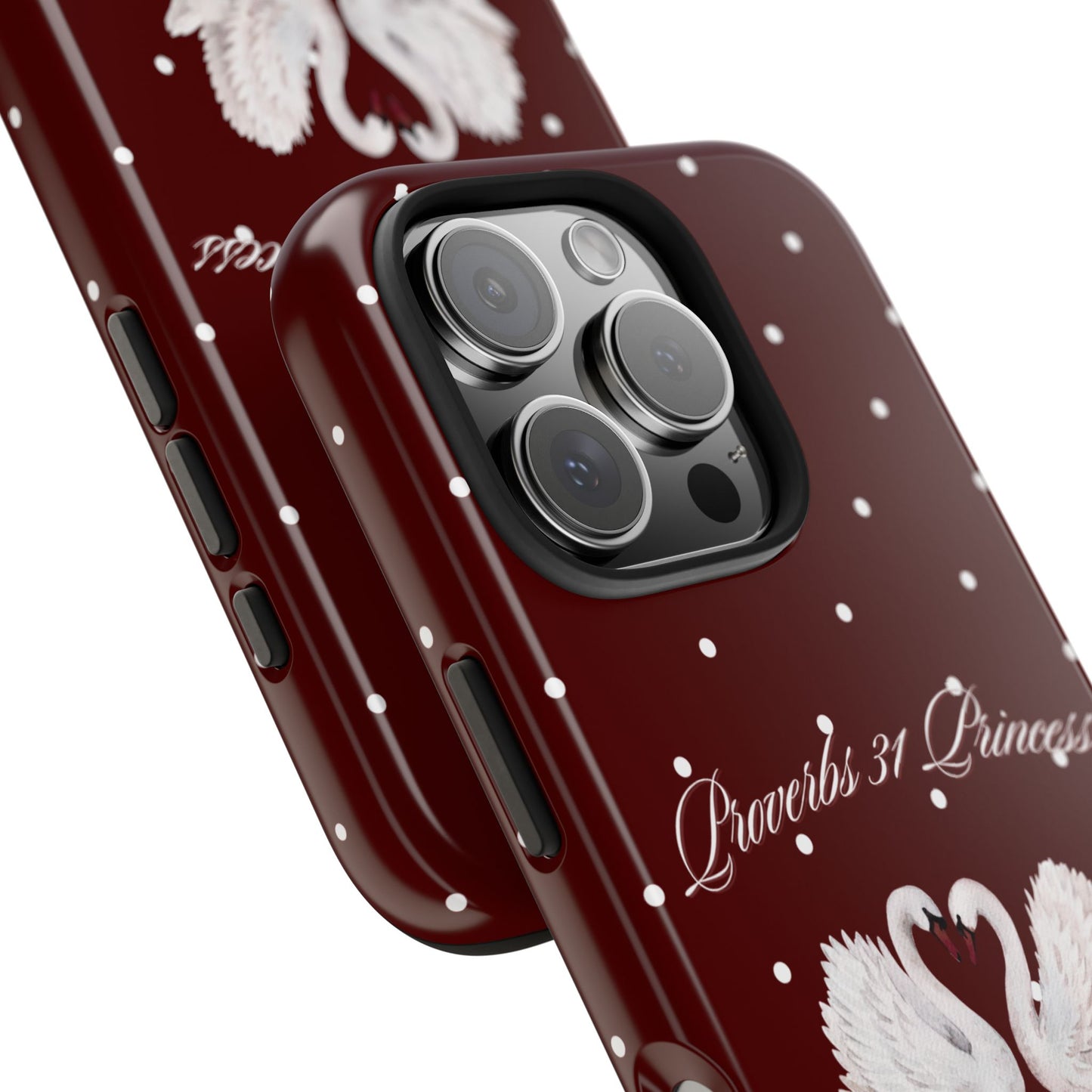Proverbs 31 Princess Swan Tough Phone Case — Burgundy Polka Dot Protective Cover